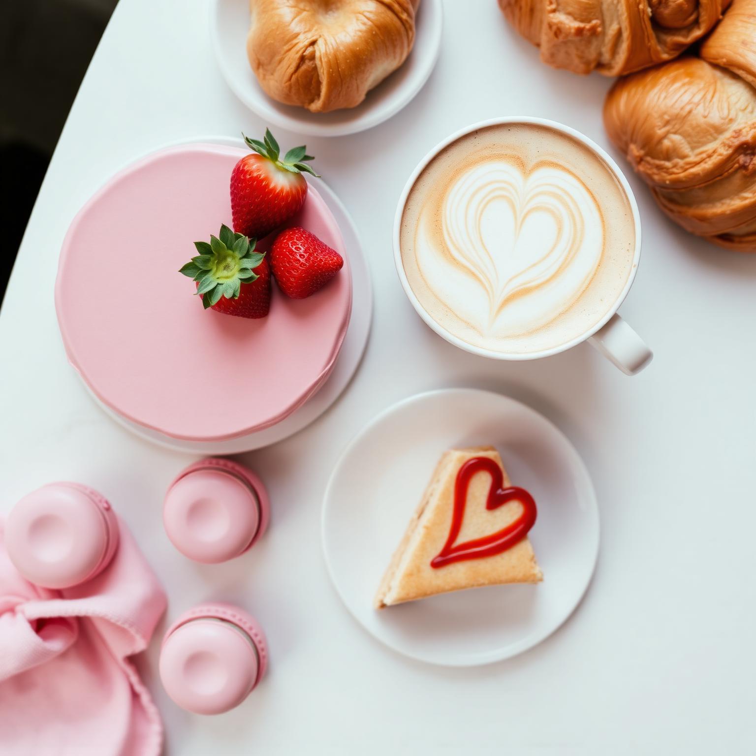 Aesthetic dessert flatlay with cake, latte and croissants